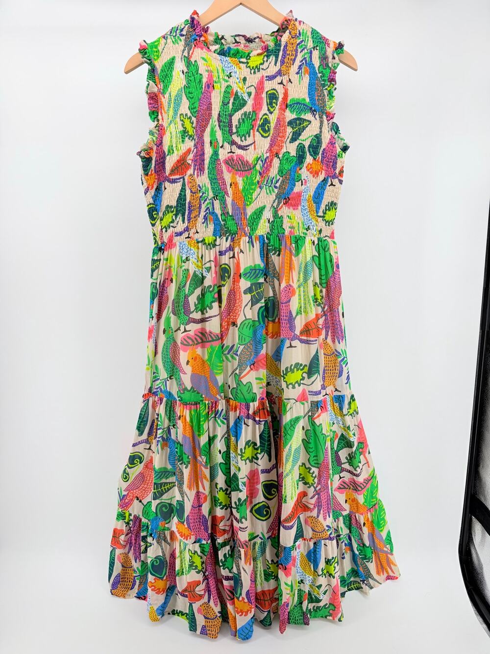 Oliphant Smocked Tropical Bird Tiered Maxi Dopamine Dress M Resort Luxury Boho